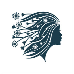 Woman's Silhouette with Dandelion Hair Design Eco-Glamour A face profile with hair flowing into willow branches and dandelion puffs