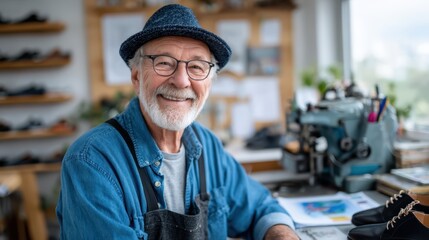 A cheerful elderly man in a workshop surrounded by shoes and tools joyfully serves his craft, representing hard work, dedication, and the beauty of artisanal craftsmanship in a cozy space.