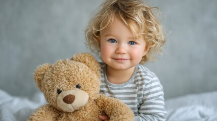 A happy child in striped pajamas hugs a teddy bear, embodying comfort and childhood joy. The soft lighting highlights the innocence and warmth of the playful atmosphere.