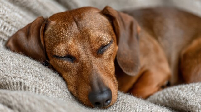 This image features a brown dachshund peacefully sleeping on a soft, knitted blanket, highlighting its cuteness and the comfort of a home environment.