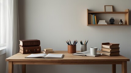 Workspace - office table, empty desk with books