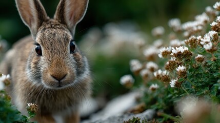 Fototapeta premium An inquisitive rabbit pauses amidst a cluster of white flowers, demonstrating the harmony of wildlife and nature. This image portrays the beauty and serenity of the natural world.