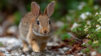 Fototapeta premium A young rabbit trots confidently along a stony path surrounded by delicate white flowers, evoking feelings of serenity, innocence, and the simple joys of nature's beauty.