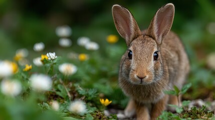 A graceful rabbit stands among colorful wildflowers in a tranquil scene, symbolizing the peaceful coexistence of wildlife and nature's beauty and inviting viewers to slow down and enjoy.