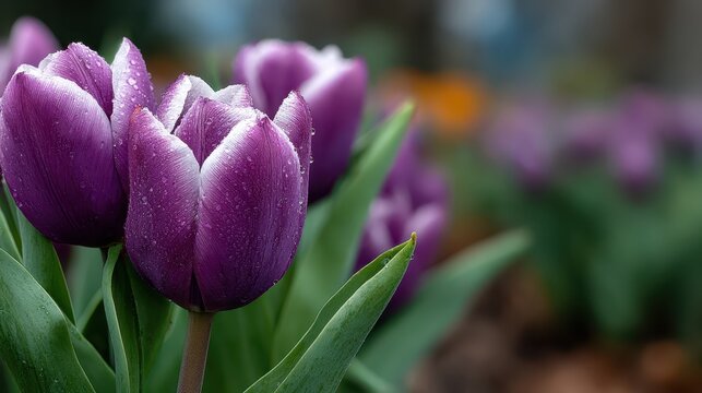 A stunning display of elegant purple tulips glistening with dew drops, exuding a sense of freshness and beauty, ideal for floral art and inspiration.