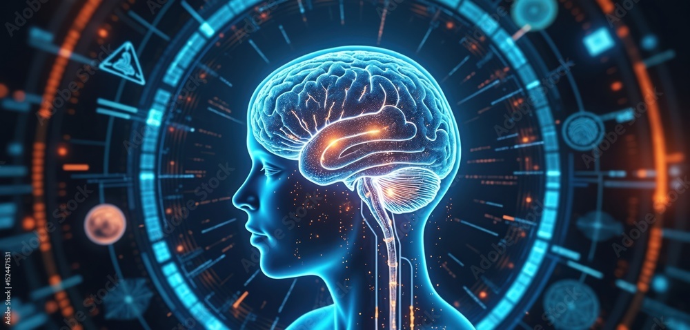 Poster Futuristic digital illustration of human brain with technology UI elements. Medical hud interface with hologram digital data chart DNA fingerprint. Hi-tech design, innovation. Concept of brain