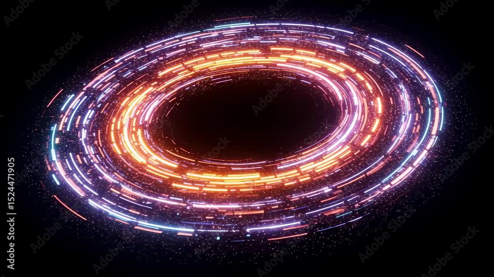 abstract digital torus with glowing lines and particles rotating. data flow and big data visualizati