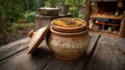 Rustic beekeeping hive made from local clay, filled with active honeycomb and bees, set outdoors on a weathered wooden surface. ai Generative