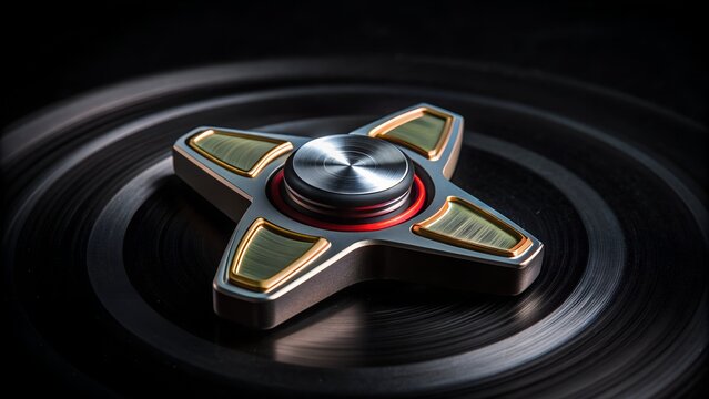 Fidget Spinner mit metallischem Design, der sich auf einer reflektierenden Oberfl&auml;che dreht