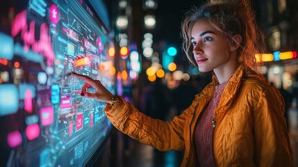 Woman interacts with a vibrant, interactive digital display in a bustling city at night