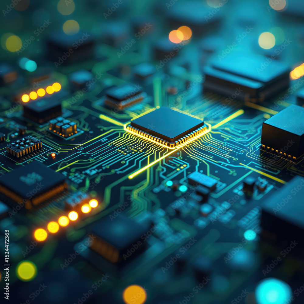 Poster futuristic digital circuit board with glowing neon elements in blue green yellow colors. abstract ge