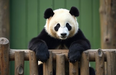Obraz premium Cute giant panda bear looks from wooden fence. Black and white fur, sweet face. Adorable mammal is a popular zoo animal, native to China. Panda is a unique, endangered species, loved by people.