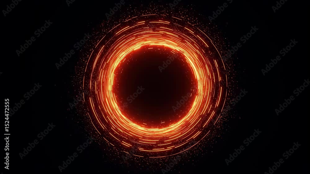 Poster rotating fire spark circle on black background and glowing particles. abstract tunnel portal with en