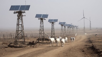 Goats traverse a dusty rural path flanked by hybrid solar-wind towers generating renewable energy for a micro-grid in a dry agricultural landscape — ai generative.