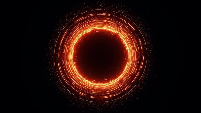 Rotating fire spark circle on black background and glowing particles. Abstract tunnel portal with energy light effect. Dynamic animation footage.