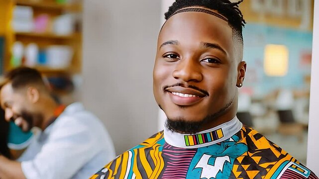 Confident young man with stylish haircut and vibrant patterned cape smiling in modern barber shop