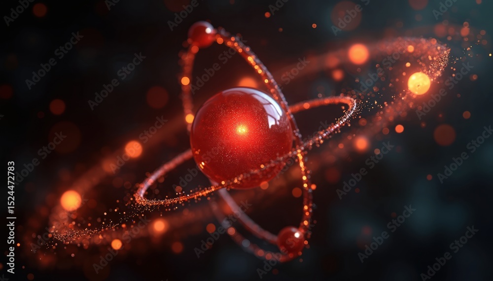 Poster 3D rendering of atom. Red nucleus with orbiting electrons in atomic structure. Science concept for education, research, physics, chemistry, quantum, molecular studies. Atomic model with energy