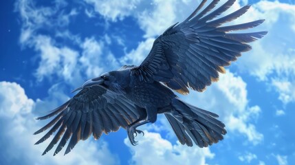 Naklejka premium Young Common Raven hovers high in blue sky with stretched wings and tail