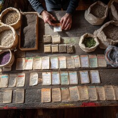 Top-down view of a rustic table covered in heirloom seed packets, jars, and sacks, with a person organizing seeds by hand at a seed-sharing station — ai generative.
