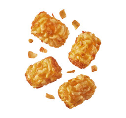 Floating potato tots with small crispy fragments on a white background, Isolated Transparent Background