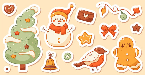 Obraz premium A set of stickers on a Christmas theme. Includes a cute snowman, xmas tree, bird, star, cookie, bell, envelope with a heart.