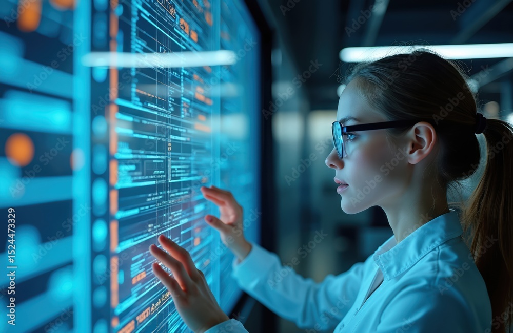 Poster Woman interacts large digital screen in modern tech office. Touching, examining interface with data, code. AI, software, futuristic tech concept, innovation in digital world.