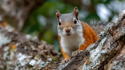 Fototapeta premium A squirrel balancing skillfully on tree bark, embodying the spirit of wildlife in a familiar natural environment, highlighting its agile nature.