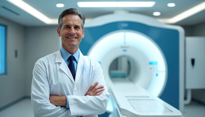Smiling doctor stands in front of MRI machine in hospital. Physician wearing white coat, tie crosses arms. Healthcare pro ready to exam patient, perform diagnostics. Medical equipment in clinic,