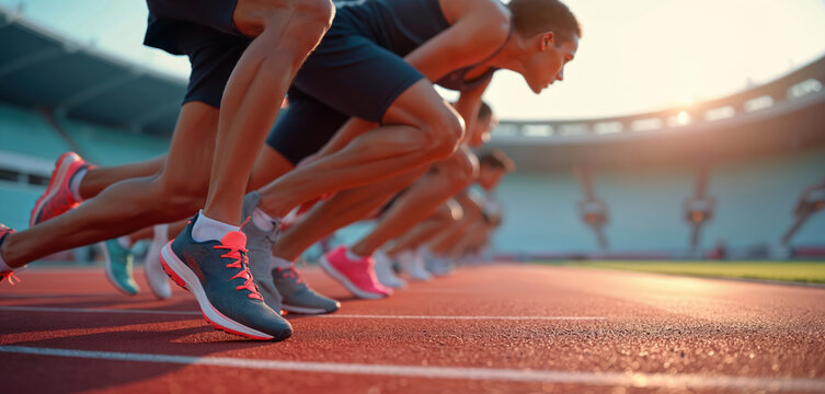 Athletes at starting line on track. Sprinters ready for race competition, physical activity. Sportsmen, runners in positions ready for running, focus on challenge. Running track background.