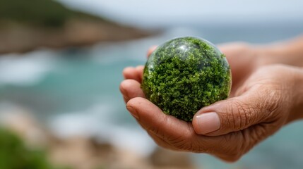 A person gently holding a sphere filled with lush green moss, set against a calm sea backdrop, illustrating the beauty of nature and the importance of ecological awareness.