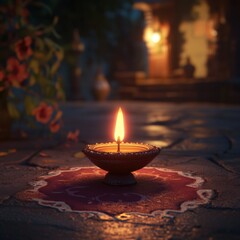 Happy Diwali - Lit diya lamp on street at night. Happy Diwali festival with oil lamp, Diwali holiday Background with rangoli, Diwali celebration greeting card.