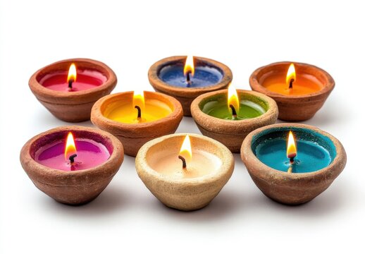 Happy Diwali - Clay Diya lamps lit during Dipavali, Hindu festival of lights celebration. Colorful traditional oil lamp diya on white background