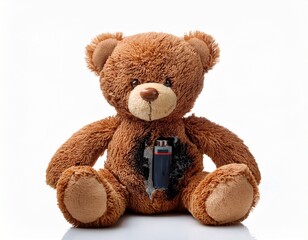 Fototapeta premium brown plush toy bear with battery burn damage isolated on white