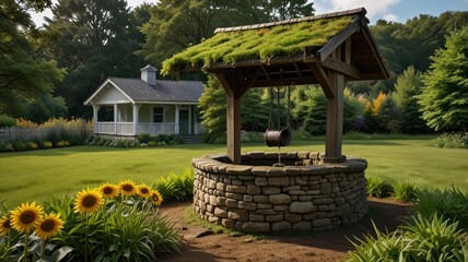 Rustic well in a garden setting