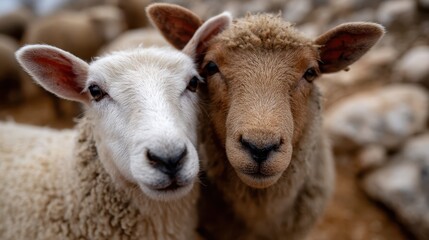 A delightful image of two young lambs nuzzling in a sunlit meadow, highlighting their fluffy coats and vibrant surroundings with a warm and cheerful ambiance.