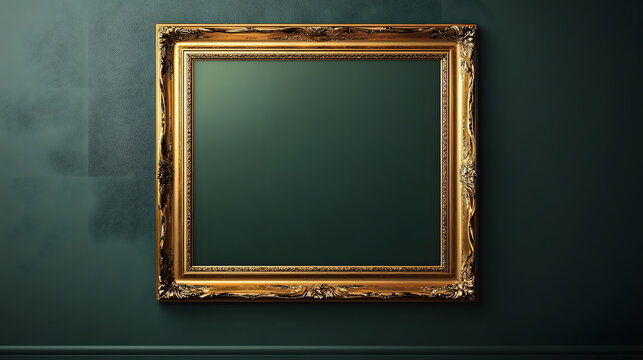 Contour, cadre d&eacute;coratif en or pour mock-up, conception et cr&eacute;ation graphique. Arri&egrave;re-plan de couleur verte. Arri&egrave;re-plan &eacute;pur&eacute;, vide.