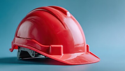 Fototapeta premium A 4K photo of photo of a red construction helmet on a blue background, with copy space for text or design. Web banner showing the front view of an industrial hard hat.
