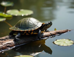 Fototapeta premium Painted turtle rests on log in pond. Reptile displays shell, head and paws. Turtle in habitat with lily pads, water lilies. Wetland environment. Wildlife portrait.