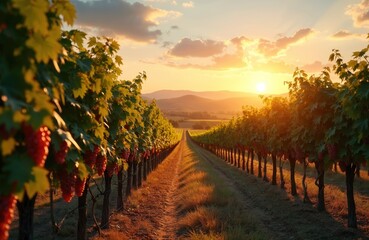 Fototapeta premium Scenic vineyard with rows of grapevines at sunset. Ripe red grapes ready for harvest, green leaves and sunlight create idyllic rural landscape. Agriculture farming in summer.