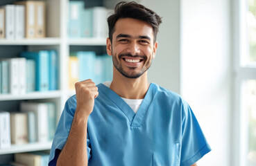 Smiling hispanic male medical worker in blue uniform with raised fist, celebrating pro success. Positive emotions of young doctor, medical student nurse, showing success, victory, good results in