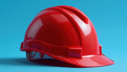 Fototapeta premium A 4K photo of photograph of a red construction helmet on a blue background, solid color background, simple composition, high-resolution photography, stock photo.