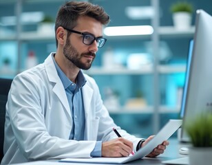 Focused scientist in lab coat, glasses examines data, writes notes. Man works with computer, healthcare, medical research. Scientist studies online information, preparing scientific report for