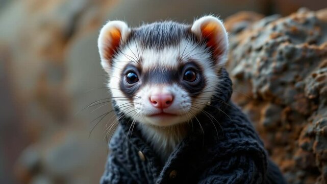 Detailed close-up of a ferret in natural habitat capturing its unique features and colors