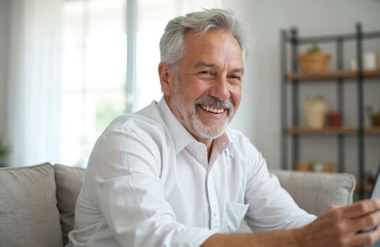 Mature man video chats online at home. Caucasian male smiling with digital device. Happy adult uses modern tech, video call with family or friends. Communication. Leisure time.