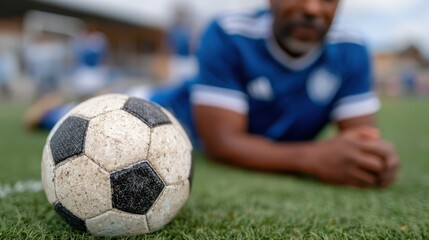 A soccer player rests on the turf while gazing at a worn soccer ball, a moment that captures contemplation and dedication towards the game, set against a team atmosphere.
