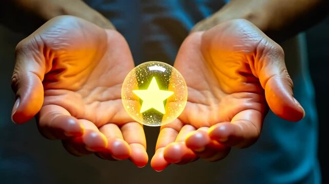 Soul Relaxation, mindful meditation, healing energy. Inner peace. Palms cradle glowing orb. Spiritual light enlightens serene mood. Calm atmosphere nurtures mental health.