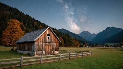 An enchanting view of a rustic wooden barn set against a starry night sky, complementing nature's beauty and creating a sense of wonder and nostalgia in the surroundings.