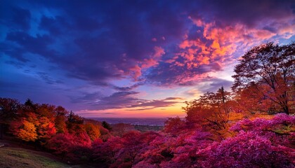 vibrant foliage under a colorful sky at dusk