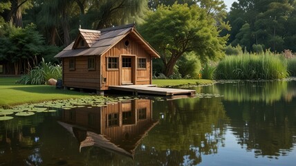 Fototapeta premium Small wooden cabin on a tranquil pond