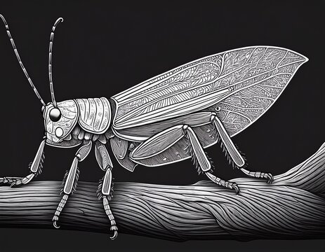 detailed grayscale illustration of a leafhopper